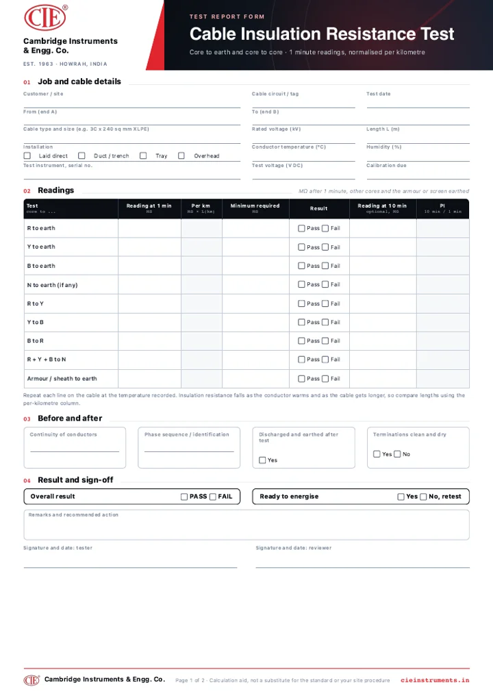 Preview of the Cable Insulation Resistance Test Report form