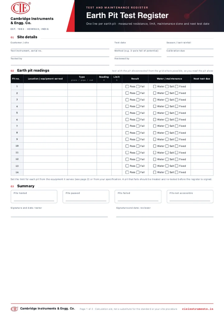 Preview of the Earth Pit Test and Maintenance Register form