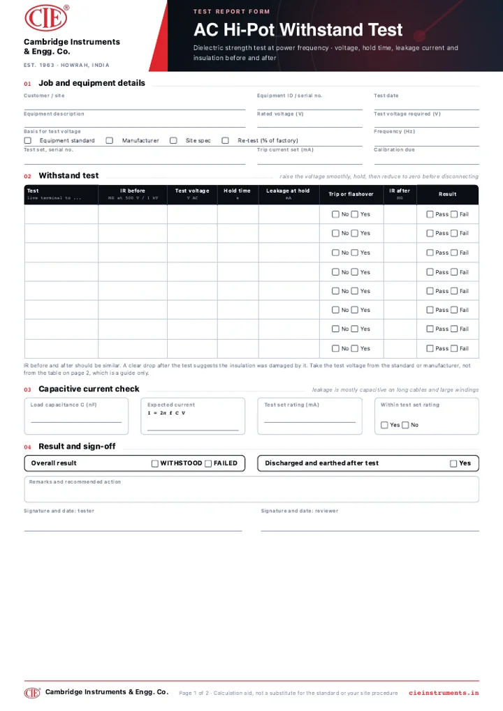 Preview of the AC Hi-Pot Withstand Test Report form