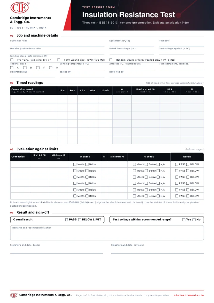 Preview of the Insulation Resistance Test Report form
