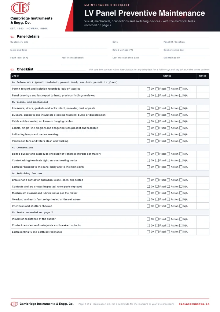 Preview of the LV Panel Preventive Maintenance Checklist form