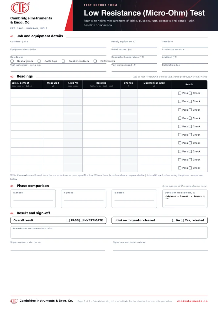 Preview of the Micro-Ohm Contact Resistance Test Report form