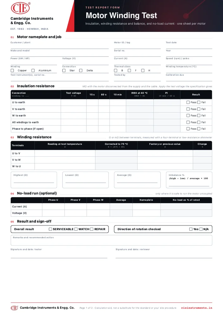 Preview of the Motor Winding Test Report form