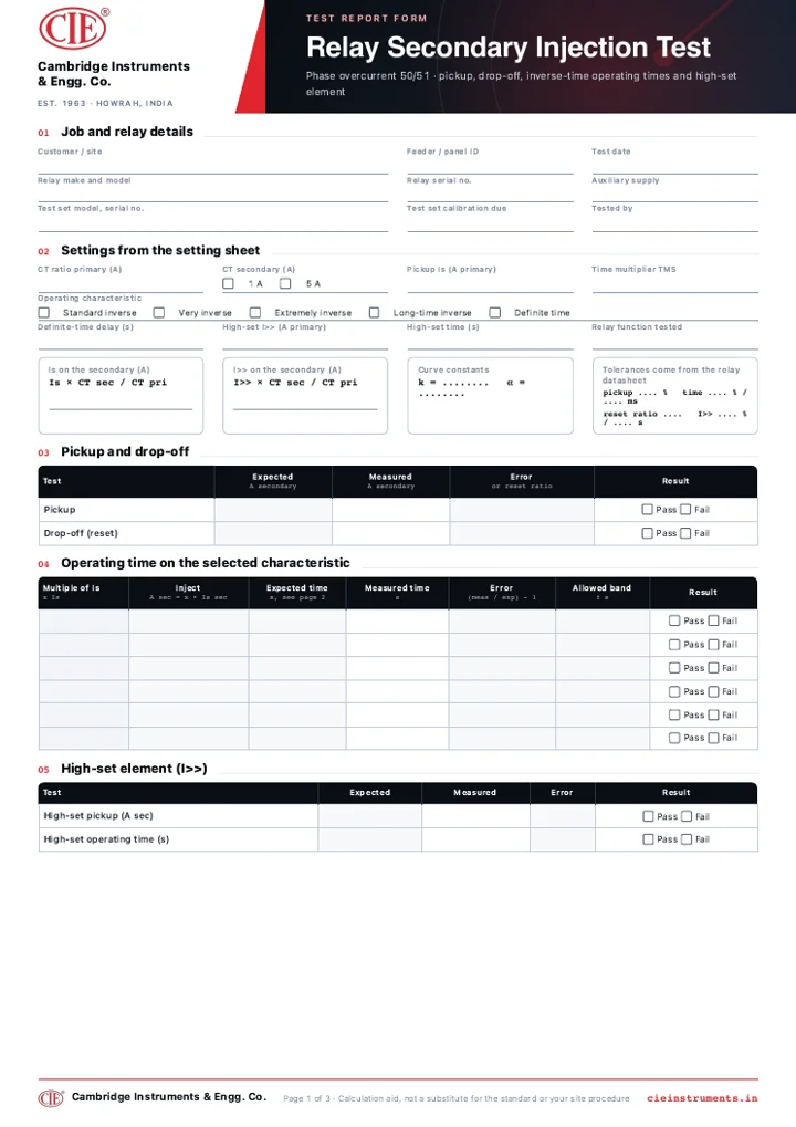 Preview of the Overcurrent Relay Secondary Injection Report form