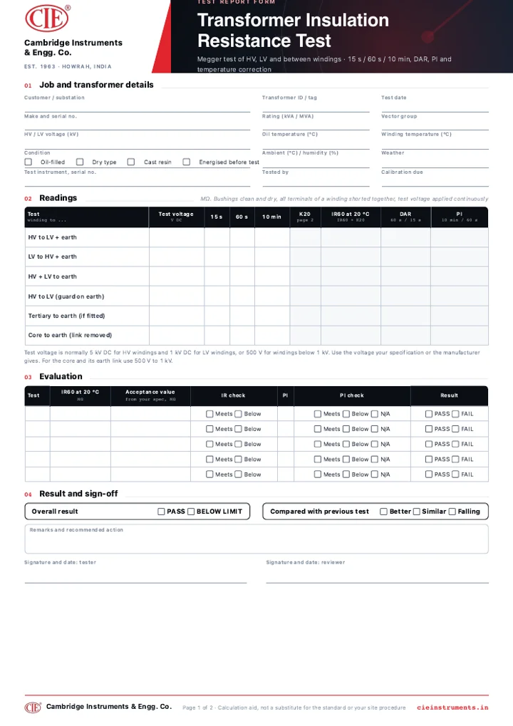 Preview of the Transformer Insulation Resistance (Megger) Report form