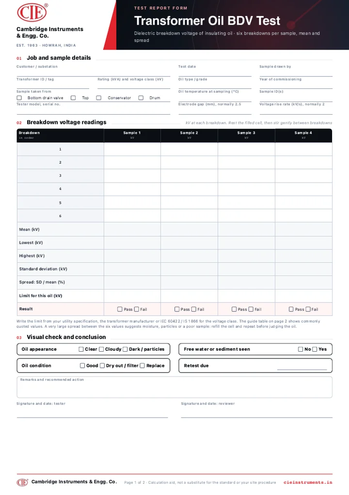 Preview of the Transformer Oil BDV Test Report form