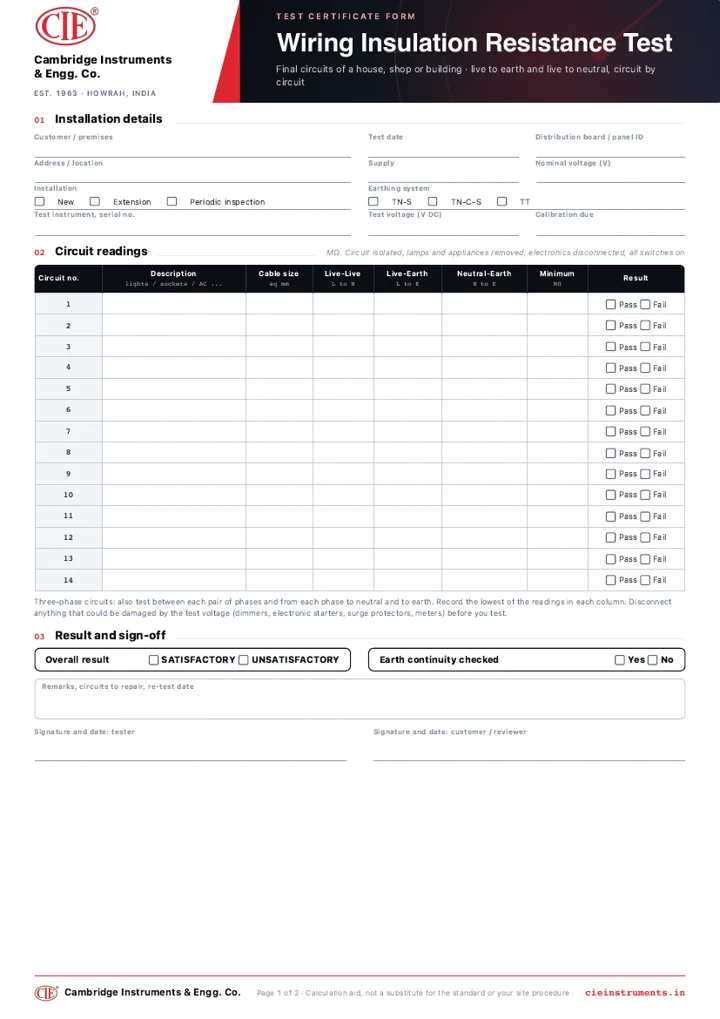 Preview of the Wiring Insulation Resistance Test Report form