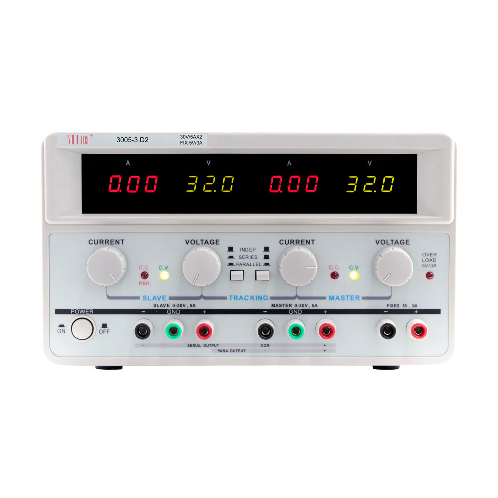 3005-3 D2 — 30V / 5A (×2) + 5V / 3A Triple-Output Linear DC Regulated Power Supply